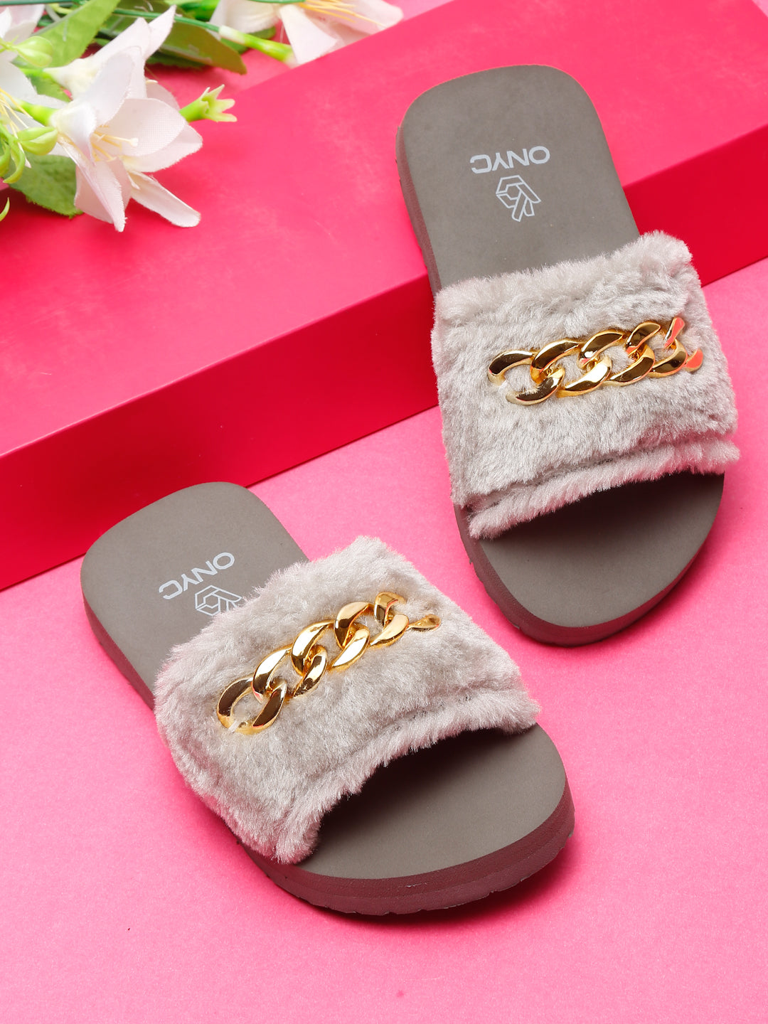 ONYC SuperComfy Kids Slippers for Girls Grey Fur Sliders