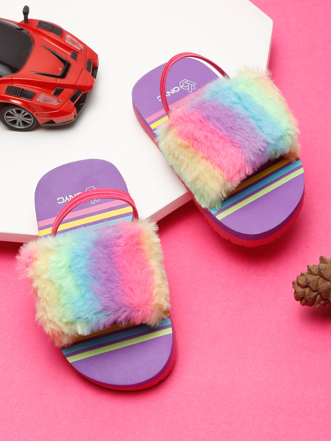 Fur Slippers for Girls Fashion Sandals with Adjustable Strap