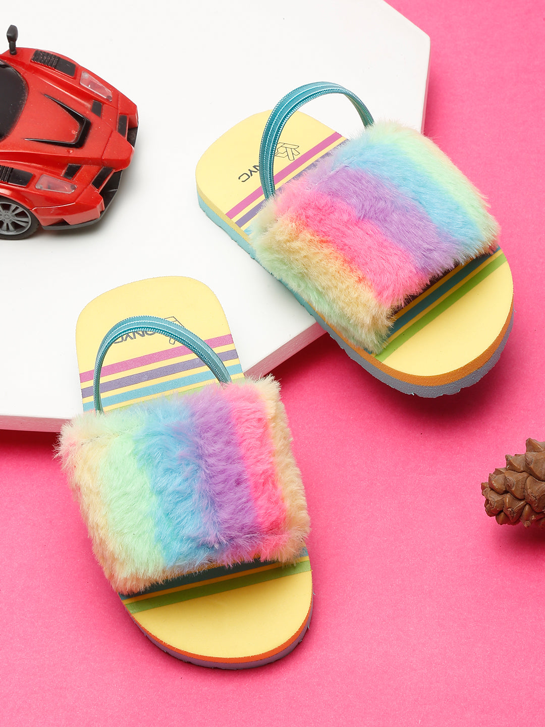 Fuzzy Slippers Fur Slides Kids ONYC Kids Rainbow Slippers/Sliders