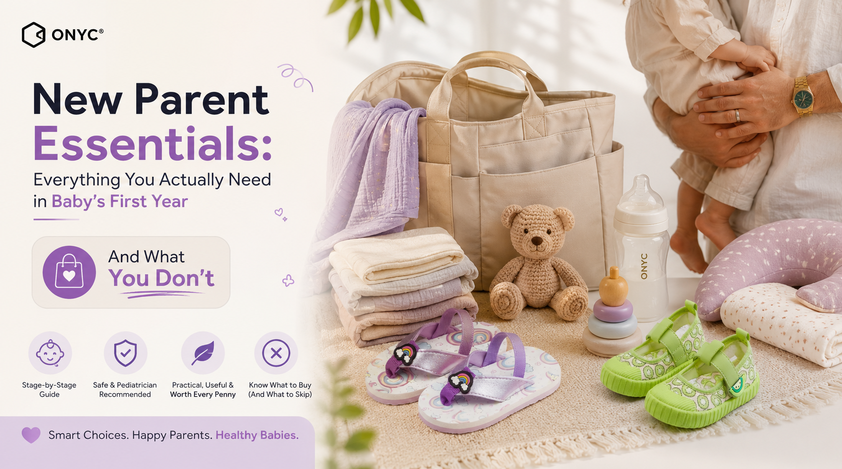 New Parent Essentials: Baby's first-year checklist featuring feeding, sleep, play, and first walker essentials.