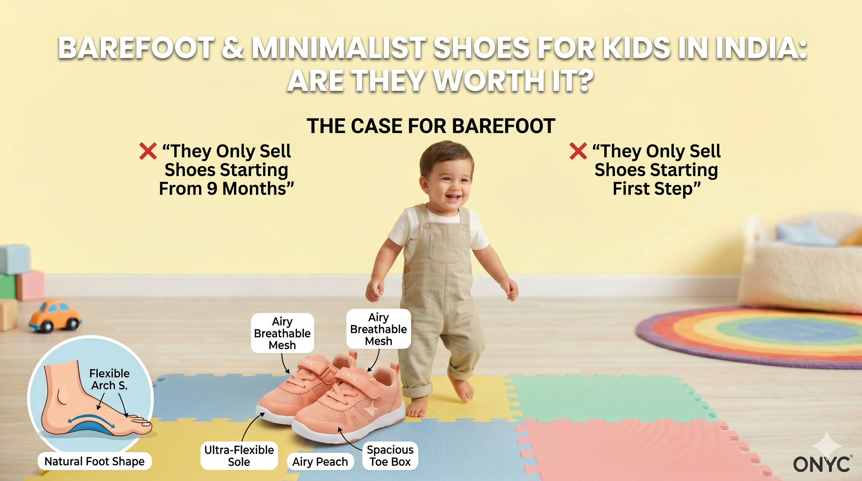 Barefoot and minimalist shoes for kids in India showing natural foot shape, flexible sole and breathable material for healthy foot development