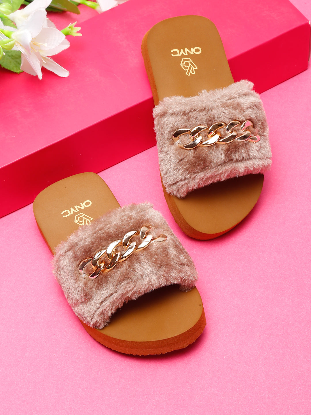 ONYC SuperComfy Brown Fur Sliders for Girls