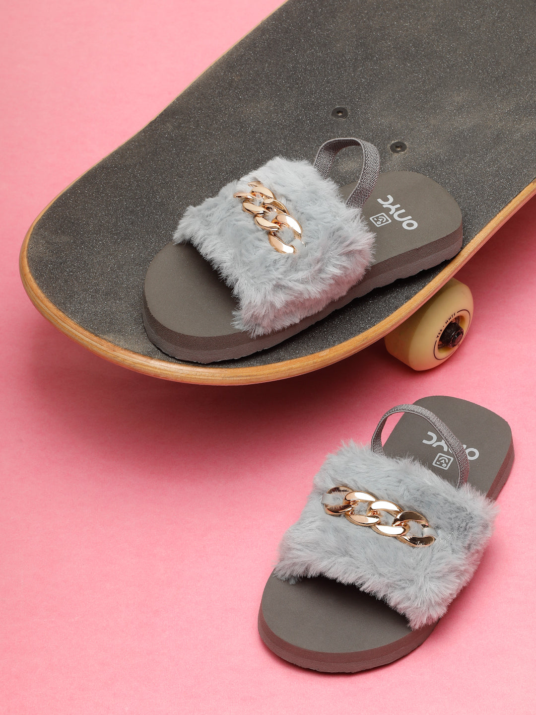 SuperComfy Grey Fur Sliders with Elastic Back Support (Girls)