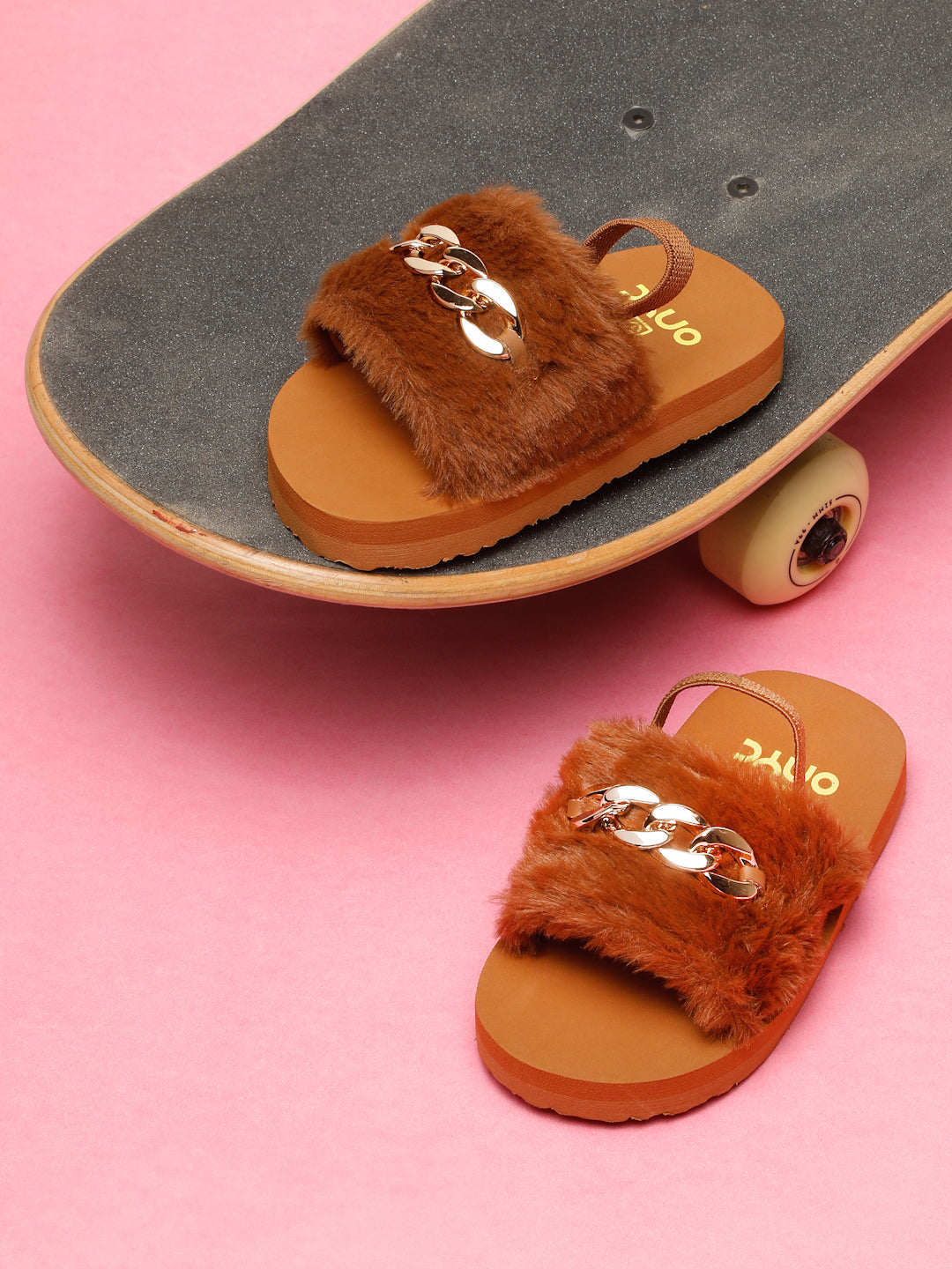 SuperComfy Brown Fur Sliders with Elastic Back Support (Girls)